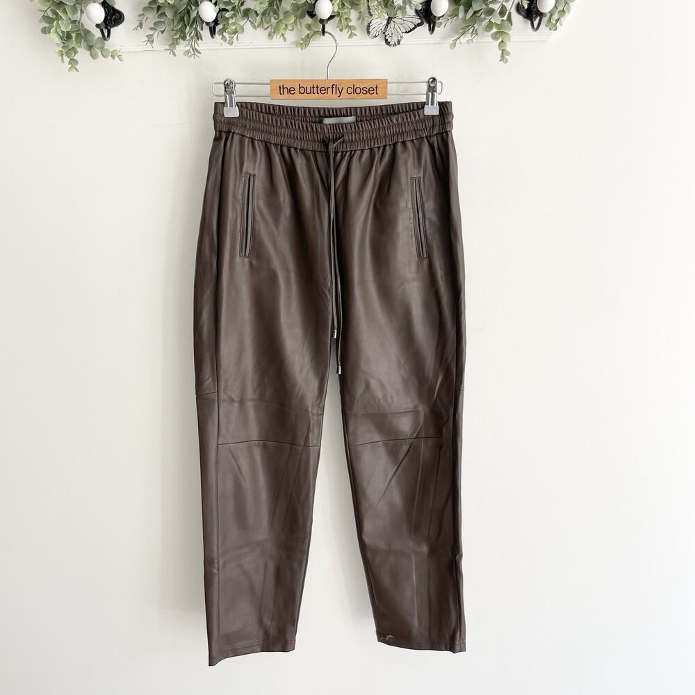 anthropologie Brown Faux Leather Wide Leg Drawstring Pants Size S FF-4969